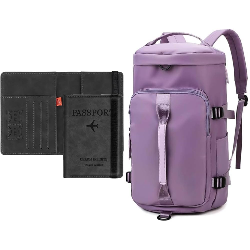 Passport Holder Cover Travel Wallet Organiser, Passport Case with RFID Blocking, PU + 44L Polyester Gym Duffel Shoulder Bag for Women Men for Sports, Waterproof Dufflebag with Shoe-image-33