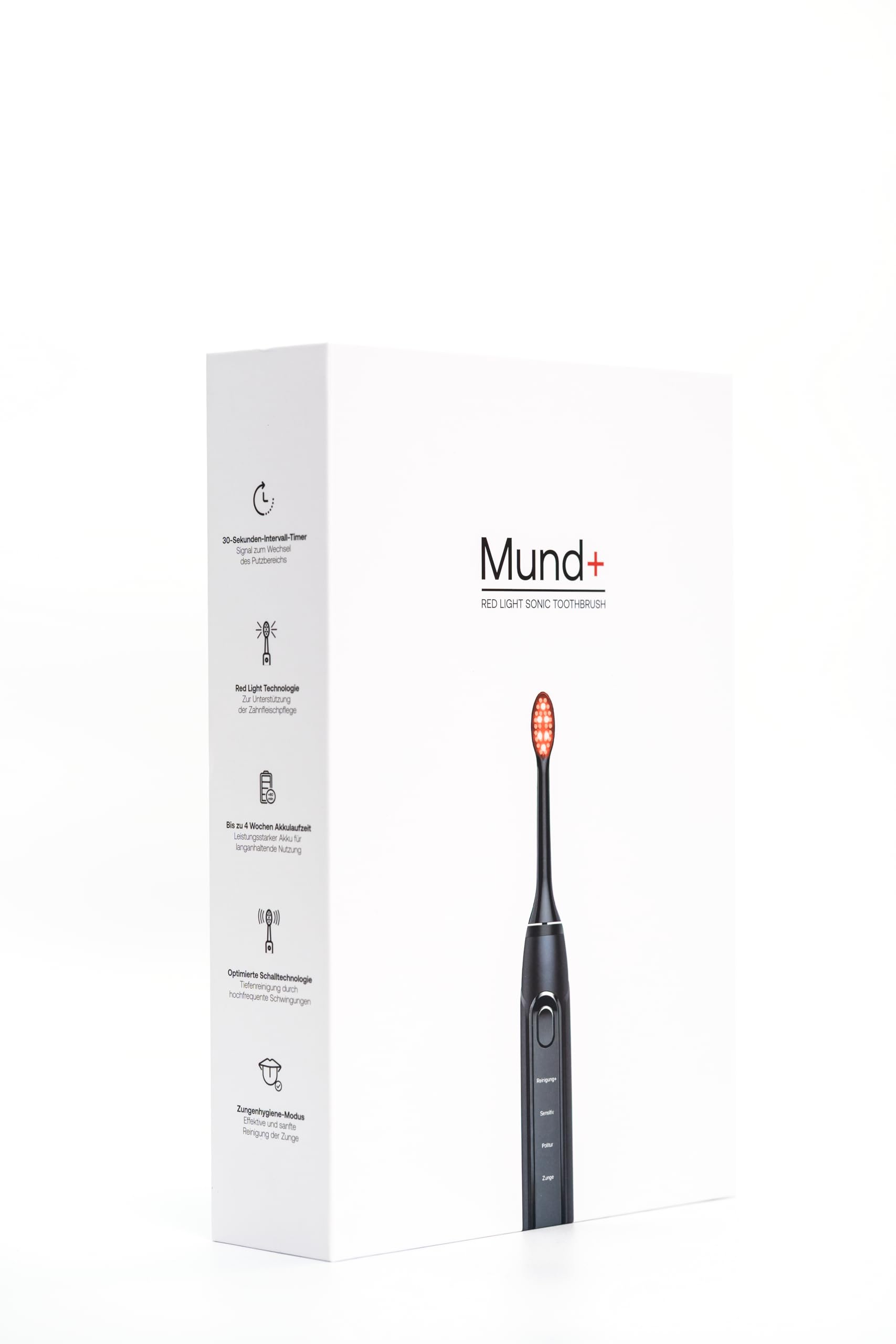 Mund+ Elektrische Zahnbürste mit Redlight Technologie, Schallzahnbürste (Rotlicht) mit 2 Aufsätzen, Travelbox & Ladestation in Schwarz