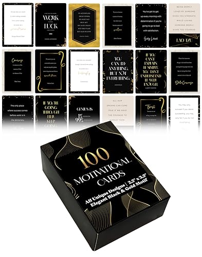 Better Office Products 100 Encouragement Quote Cards, Famous Inspirational Quotes, All Unique Designs, Elegant Black & Gold Motif, Motivational Card Deck, 2.5' x 3.5' (Playing Card Size)