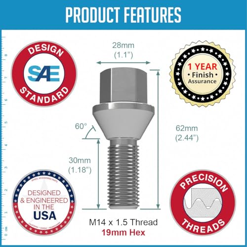 Image of Wheel Accessories Parts 20 pcs M14 x 1.5 Thread Conical Seat Lug Bolt Chrome Finish 30mm Shank Length 19mm Hex fits Land Rover Range Rover | Land Rover Range Rover Sport