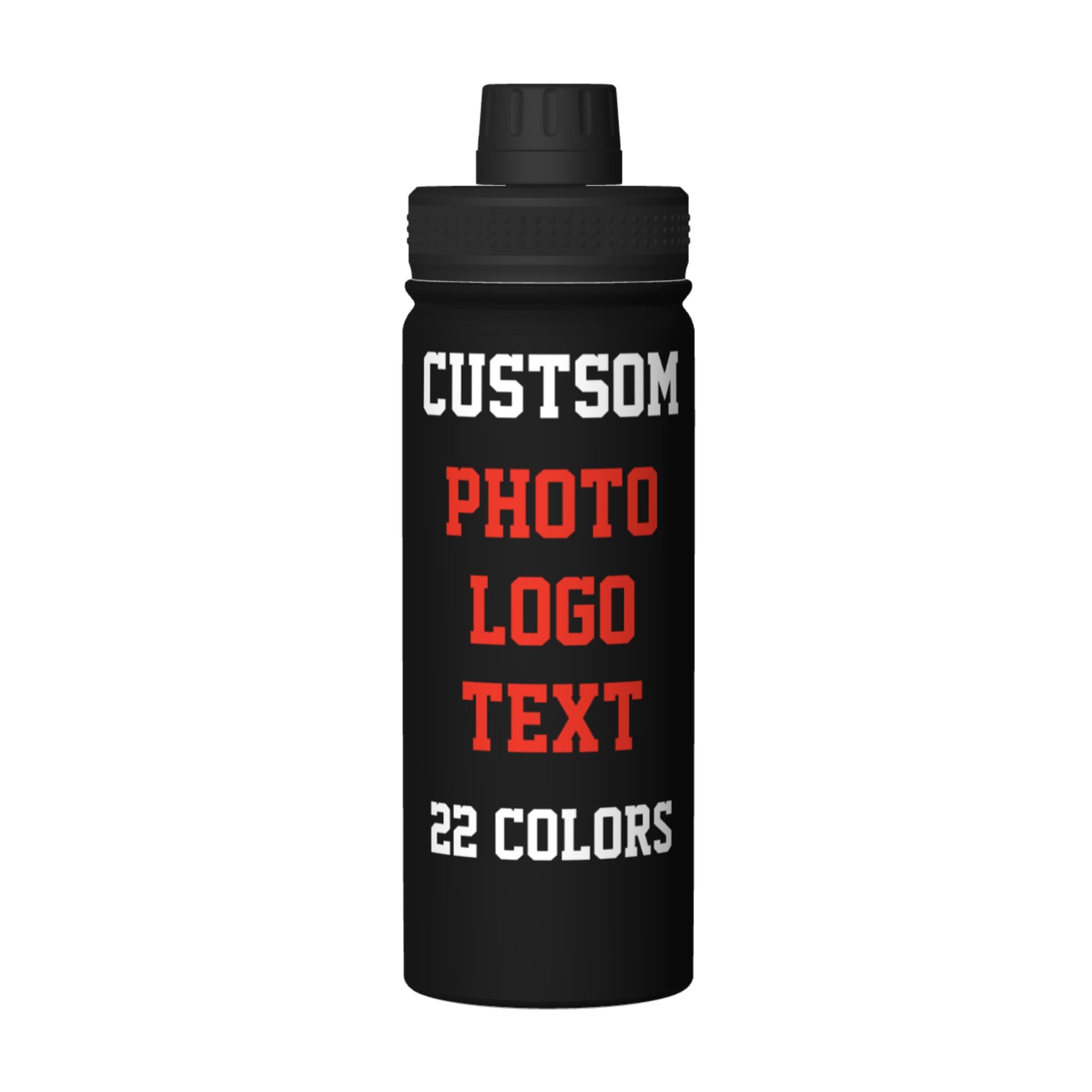 Personalised Water Bottles with Name/Photo for Kids Adults, Custom Stainless Steel Insulated Drink Bottle with Picture Text for Women Mens, Large Capacity Sports Bottle for Hiking Travel, Black