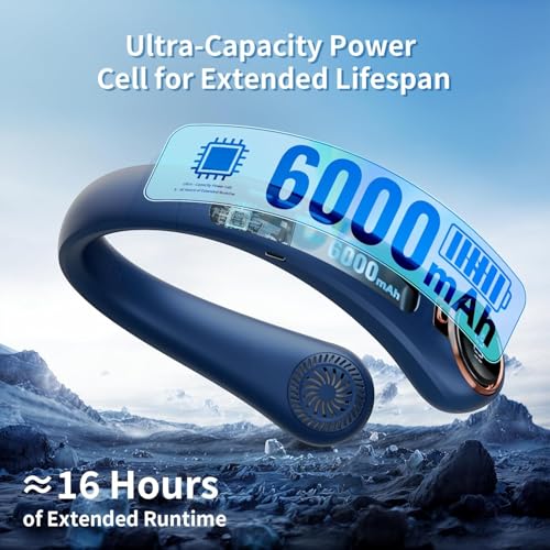 Image of Portable Neck Fan with 6000mAh USB - Rechargeable Battery, 360 Cooling Wearable Fan, 3 Speeds, Ultra-Light Bladeless Neck Fan LED Display (Blue)