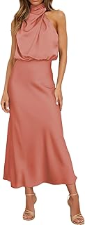 Vestidos ajustados de verano para mujer, vestido largo formal de satén con cuello alto, sin mangas, abertura lateral, vestido largo de tanque, vestido de verano vintage