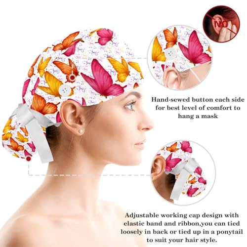 Image of Colored Butterflies Scrub Caps Women, Adjustable Working Cap with Button, Surgical Caps with Bow Hair Scrunchy