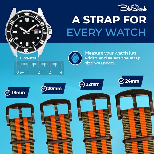 Image of BluShark - Original Collection Military-Style Waterproof Watch Strap, Fits All Timepiece Brands, Durable Nylon Wristwatch Accessories with Stainless Steel Buckle - 18mm, 20mm, 22mm & 24mm Watch Bands
