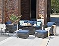 HOOOWOOO Patio Outdoor Conversation Set with Fire Pit Table,7 Pieces Outside Furniture Set with PE Wicker Swivel Rocking Chairs,Out Door FirePit Sofa,Side Table and Ottomans,Denim Blue