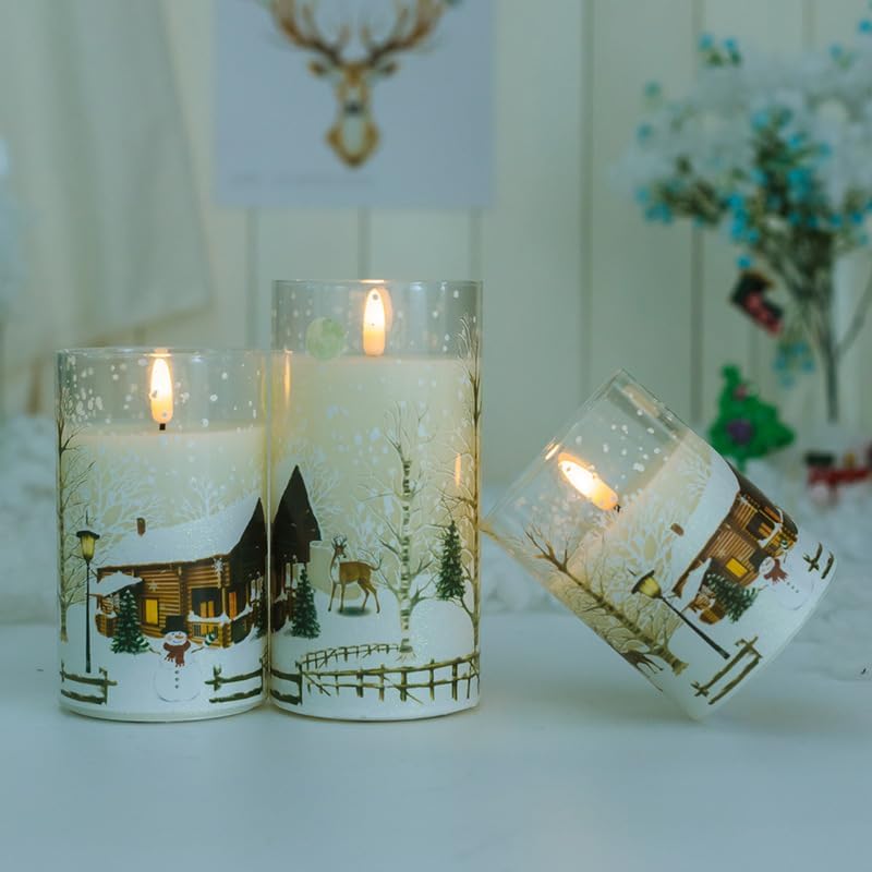Miniatura 1 de CHIJIRE Velas de cristal de Navidad sin llama parpadeantes blancas con batería de 3 velas LED de cera real para ventana (muñeco de nieve)