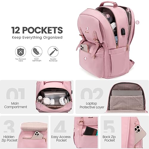 LOVEVOOK Laptop Backpack for Women Fashion College Casual Daypacks Stylish Travel Backpack Fits up to 15.6Inch Laptop with USB Charging Port(Pink) - Thumbnail 3