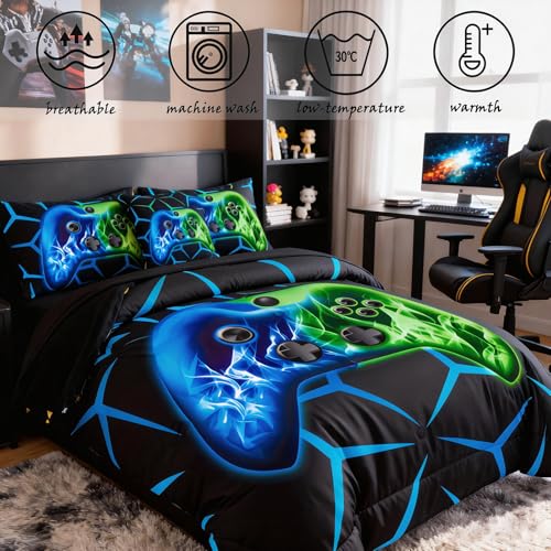 Image of ZRNBAST Blue Green Gamer Comforter Set Queen Size Boys Gaming Bed in a Bag