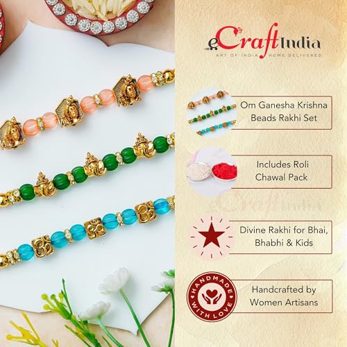 Image of eCraftIndia Set of 3 Om Ganesha Krishna Beads Designer Rakhis | Best Bro Ever Fridge Magnet | Roli Chawal Pack | Rakhi for Brother Bhaiya Bhai Bhabhi Kids