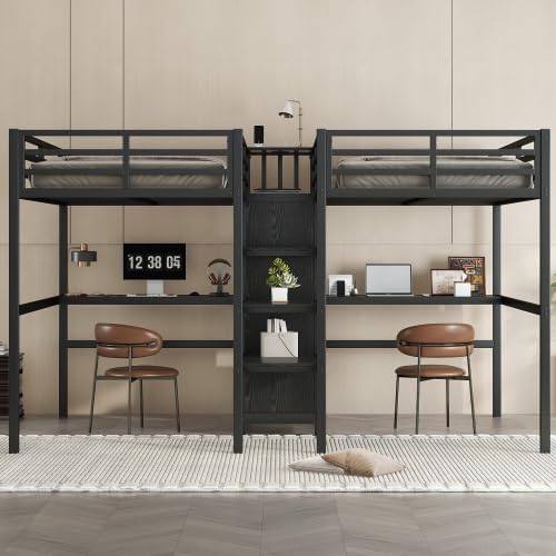 Bellemave Twin Over Twin Loft Bed with Double Desk, Wardrobe & Shelves, Metal Loft Bed Frame with 2 Electrical Outlets, Noise-Reduced Design, Black