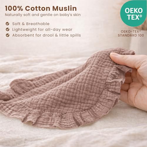 Image of Konssy 3-Pack Muslin Baby Girl Bibs, 100% Cotton with Ruffle Trim | Ultra Soft & Absorbent, Baby Essentials for Drooling and Teething, for Newborn, Infant & Toddler 0-36 Months