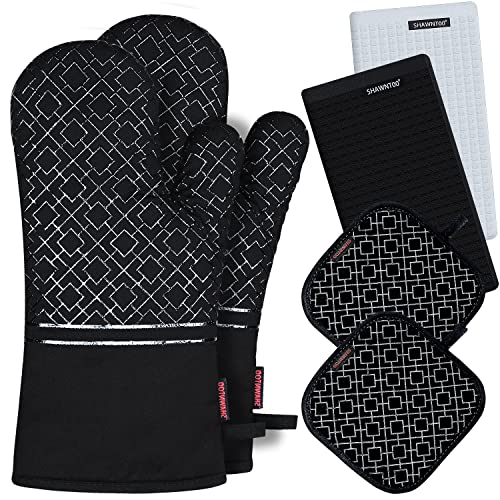 Oven Mitts and Pot Holders Set 6pcs, Kitchen Oven Glove,High Heat Resistant 550 Degree Extra Long Oven Mitts and Potholder with Non-Slip Silicone Surface for Cooking Baking Grilling…
