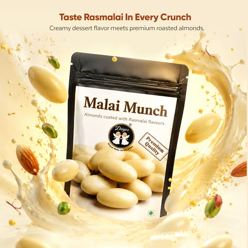 Image of DRIYOZ Malai Munch Rasmalai Flavoured Almonds 250g | Premium Crunchy Badam Coated with Creamy Malai Granules | Gourmet Indian Sweet Nut Snack for Gifting & Festive Celebrations