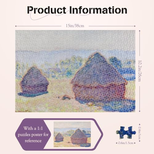 MISITU Mini Jigsaw Puzzle 1000 Pieces for Adults Painting "Grainstacks in Bright Sunlight" by Monet - Image 2