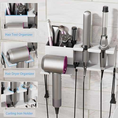 BOIVSHI Hair Dryer Holder, Hair Tool Organizer Wall Mount, Metal Blow Dryer Holder, Curling Iron Holder, Curling Iron, Hair Dryer Wall Mount, Bathroom Accessories Tools Organizer, White