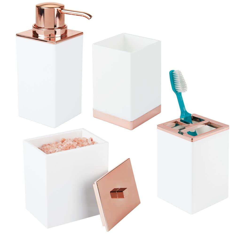 mDesign Plastic Bathroom Vanity Countertop Accessory Set - Includes,Soap Dispenser, Toothbrush Holder, Lidded Canister, and Tumbler Rinsing Cup; Lumiere Collection - Set of 4 - White/Rose Gold