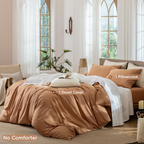 Image of MooMee Striped Duvet Cover Set 100% Washed Cotton Linen Like Queen | Relaxed Linen-like Texture. Soft, Breathable & Long-lasting Comfort. Lightweight. Hidden Zipper with 8 Interior Corner Ties