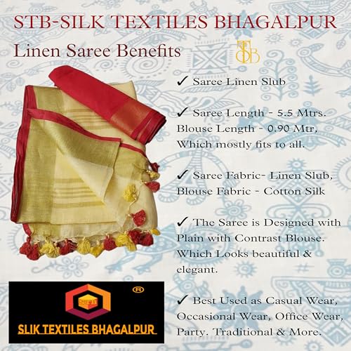 Image of STB-SILK TEXTILES BHAGALPUR Women's Linen Slub Saree With Contrast Blouse Piece