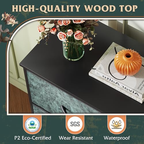 Image of WLIVE Dresser with 4 Drawers, Storage Tower, Organizer Unit, Fabric Dresser for Bedroom, Hallway, Entryway, Closets, Sturdy Steel Frame, Wood Top, Easy Pull Handle, Vintage Green
