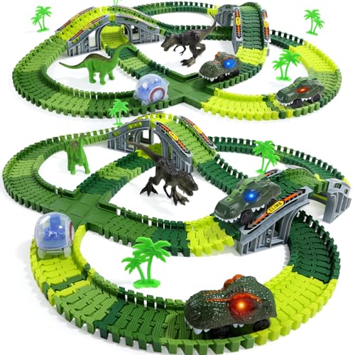 EagleStone Dinosaur Race Track Toy Set for Kids 233PCS Flexible Track with 2 Light-Up Electric Dino Cars & 2 Dinosaur Figures Birthday for Boys and Girls Ages 38