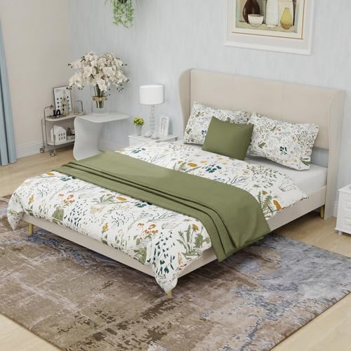 Generisch Moderno marco de cama con cabecero de terciopelo, 140 x 200 cm, color beige, alto acolchado y diseño delgado, sin colchón, fácil montaje, estructura estable de madera y aglomerado