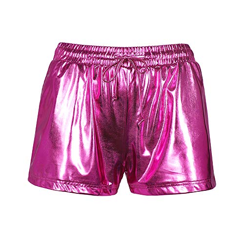 Smile Fish Damen Metallic Shorts Elastische Taille Glänzende Rave Pants, hot pink, Groß Cover