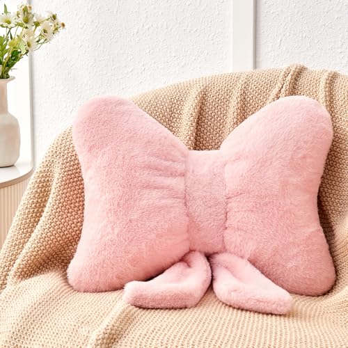 Mepherl Pink Bow Pillow 12 Bow Shaped Pillow with Faux Rabbit Fur Soft Bow Throw Pillows Aesthetic Bow Decorative Pillows for Bed Sofa Couch Home Decor