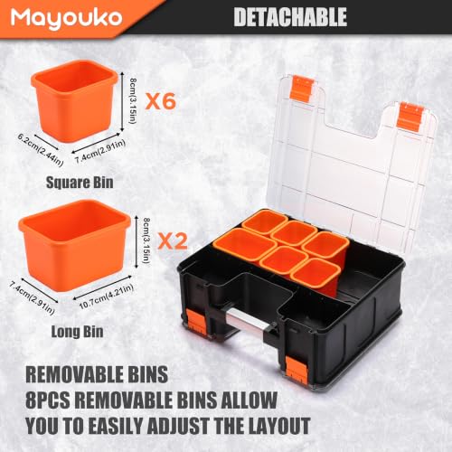 Image of Mayouko Double Side Tool Box with Transparent Lid, 8 Movable Small Trays & Removable Dividers, Multi-Function Small Parts Organizer, for Hardware, Screws, Bricks, Nails, Jewelry and Fishing Tackle