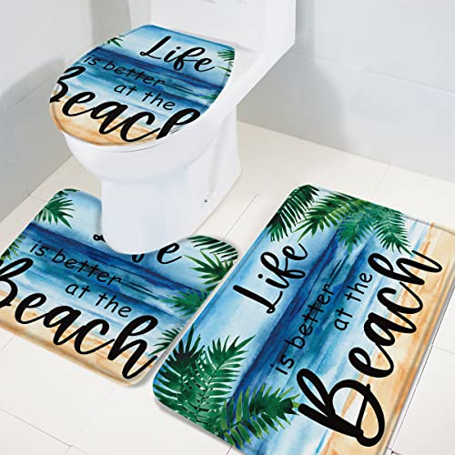 Beach 3-teiliges Badezimmerteppich-Set Tropical Summer Blue Ocean Palm Tree Strapazierfähiges weiches Badematten-Set mit Konturteppich Toilettendeckelbezug for Dusche/Badewanne, 20"x32"+16"x18"+16"x20 – Bild 6