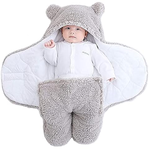 TURMIN Baby Hooded Swaddle, Infant Wrap Blanket Bag Newborn Receiving Blanket Unisex Boys Girls Fleece Sleeping Bag Plush Wrap Cute Bear Swaddle Baby Clothes-Grey-S(0-3 Months) Cover
