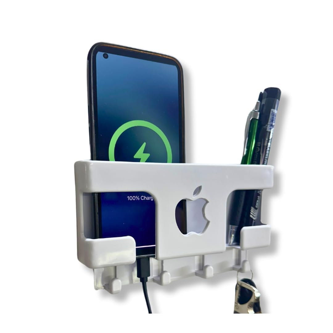 Wall Mount Mobile Stand, Multipurpose, No Drill Required, with 4 Key Holder, Multipurpose Mobile Stand with Key Holders - White-image-0
