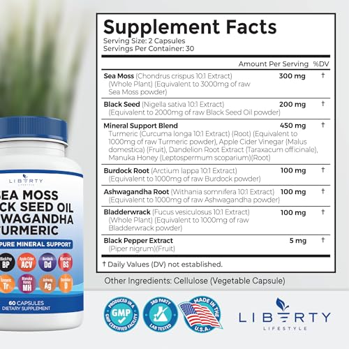 Liberty Lifestyle Sea Moss Black Seed Oil Ashwagandha Turmeric Bladderwrack Burdock - with Manuka, Honey Dandelion, ACV Black Pepper Gluten Free - 1-Pack