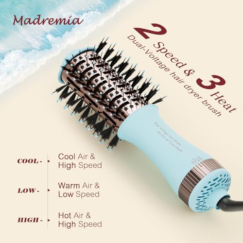 Image of Travel Dual Voltage Hair Dryer Brush 4-in-1 Portable Mini Hot Air Blow Dryer Straightener & Curler Brush, Titanium Round Blowout Styler Volumizer Tools, 110 /240V US /EU /UK -Baby Blue & Rose Gold