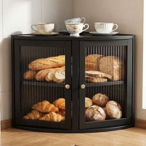Tatqilo Bamboo Bread Bin for Kitchen Double Layer Corner Bread Box With Acrylic Wave Door Large Bread Storage Container for Homemade Bread Tea Spices Coffee Black 45 x 32 x 33cm