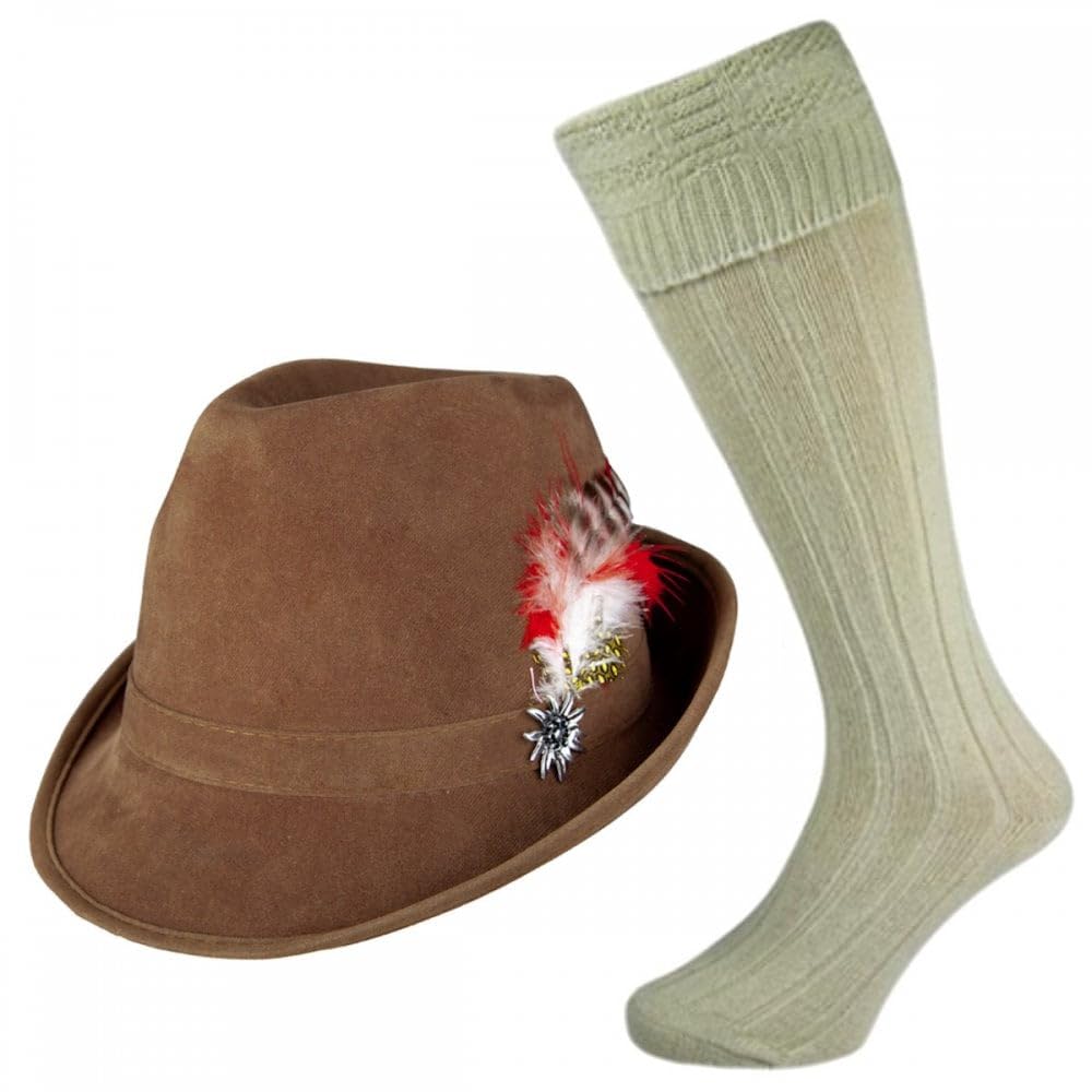 A2ZFD Brown Deluxe Oktoberfest Hat + Wool Blend Socks : Adult Mens Bavarian German Beer Festival Fancy Dress Accessory Set