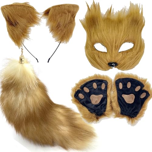 FEXATA Therian Mask and Tail Set Cat Mask Tail Cosplay Fox Mask Wolf Tail cat ears therian paws for woman Halloween (Brown Tail Mask Set), standard