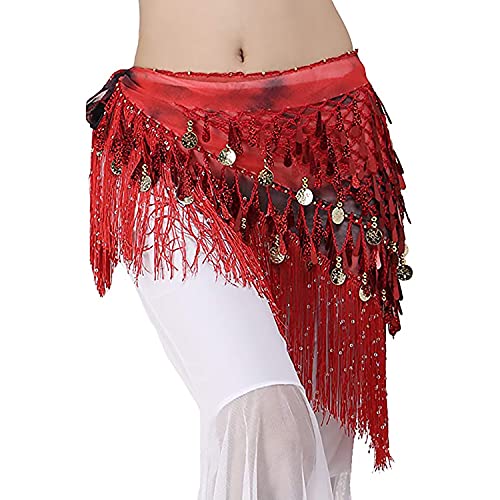 Image of VRITRAZ Women's Chiffon Belly Dance Hip Scarf Waistband Belt Skirt Mixed Colors Sequence Beads and Coins