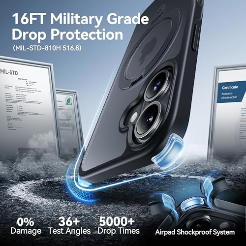 Image of CASEKOO Ultra-Magnetic Stand for iPhone 17 Case, Shockproof & Slim, Black | [Military Drop Protection] [Compatible with MagSafe] Translucent Matte for iPhone 17 Phone Case with Ring Holder 6.3 Inch