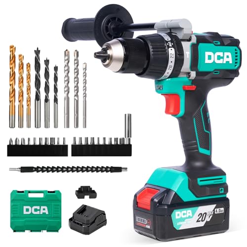DCA Taladro Percutor Sin Escobillas 20 V, 120 Nm, Portabrocas Metálico 13 mm, Embrague 24+1+1, 32000 Impactos/min, Baterías 4,0 Ah Para Ladrillo, Metal Y Madera