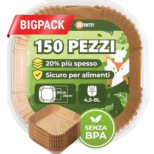 FRITTI® Carta da Forno per Friggitrice ad Aria 150 Pezzi Certificata DEKRA 20-25 cm Quadrata XL Accessori per Friggitrice ad Aria 4,5-8L
