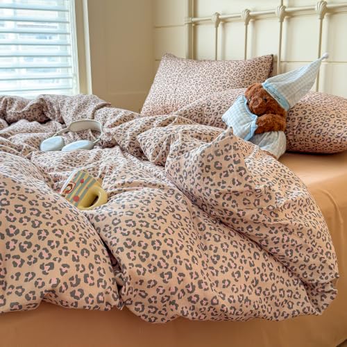 Image of VM VOUGEMARKET Leopard Duvet Cover Set Queen,Nude Beige Pink,Muslin Cotton