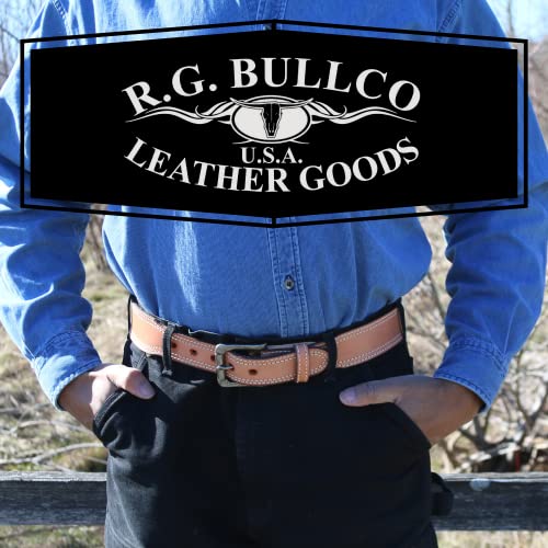 R.G. BULLCO Men's 1-3/4" to 1-1/2" Genuine Premium Real Full Grain Leather Tan Belt w. Double Stitch Trim - Style 1242