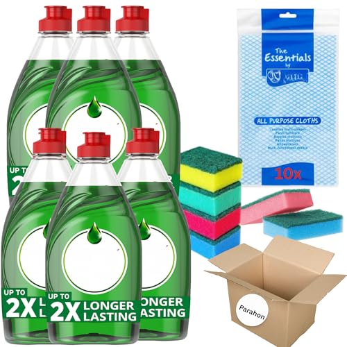 Original Washing Up Liquid 6x 320ml, 6x Sponge Scourers & 10 Essentials All Purpose Cleaning Cloths – Long-Lasting Grease Removal – Powerful Dishwashing Liquid & Kitchen Cleaning Essentials Bundle