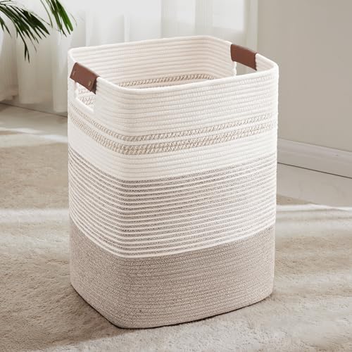 85L Tall Woven Laundry Basket Hamper with Leather Handles,Brown​ | collapsible wicker hamper, storage for dirty clothes, toys, blankets, gifts, living room, bedroom, bathroom, 17″x14″x22″