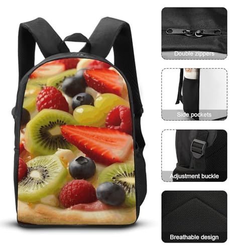 3 Piece Backpack for Women Men Lightweight Causal Daypack Shoulder Bag Set with Insulated Lunch Bag And Pencil Case Organizers Fruit Pizza3