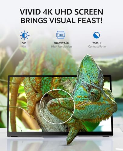 Image of 4K Portable Touch Monitor, 15.6 inch inch 3840 * 2160 UHD w /USB-C HDMI Laptop Monitor, 2000:1 100% RGB IPS ，Aluminum Alloy Shell,10-Point Touch，Dual Speaker, HDR, for Home, Work