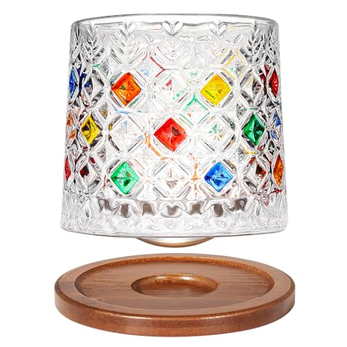 Crystal Rum Glass 275ml/10oz, Rotatable Old Fashioned Glass, Wood Coaster, Thickening, Whiskey & Cocktail Cup