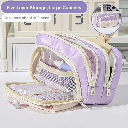 Image of Canvas School Bag Pencil Case, 3 Layer 6 Compartment Large Capacity, Aesthetic Pencil Pouch for Stationary, Cute Stationery for Kids, Pencil Case for Girls & Boys (Dori-Purple)