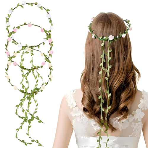 3Pcs Flowers Crown Floral Garland Headband Flower Headband Floral Hair Wreath Bridal Headpiece Hair Accessories for Wedding Party Headdress